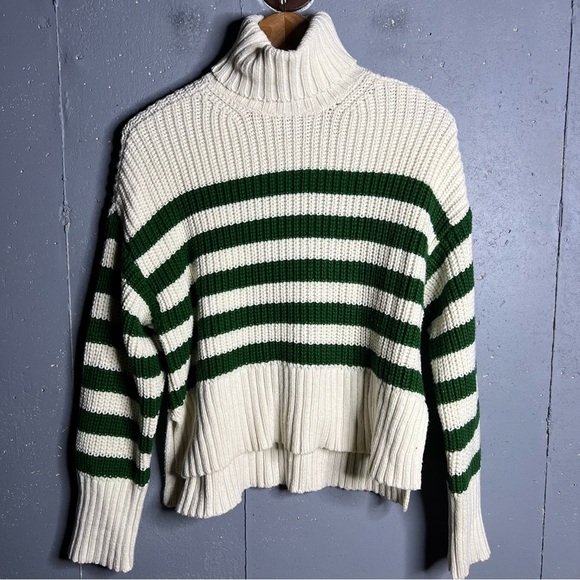 Madewell Sweater Womens M Cream Ribbed Green Striped Wide Turtleneck size XS - Picture 3 of 12